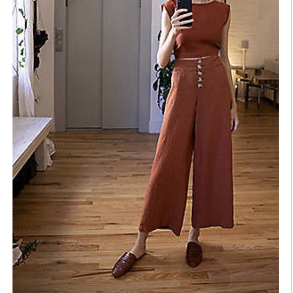 NWT lou & grey brown button front wide leg linen pants 16